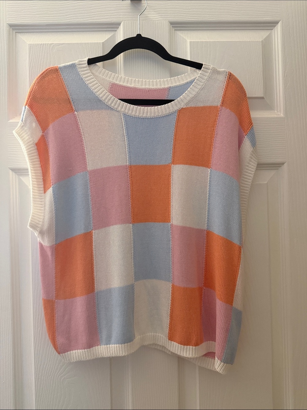 Pastel Checker Knit Sweater- Orange, Pink, Light Blue, White